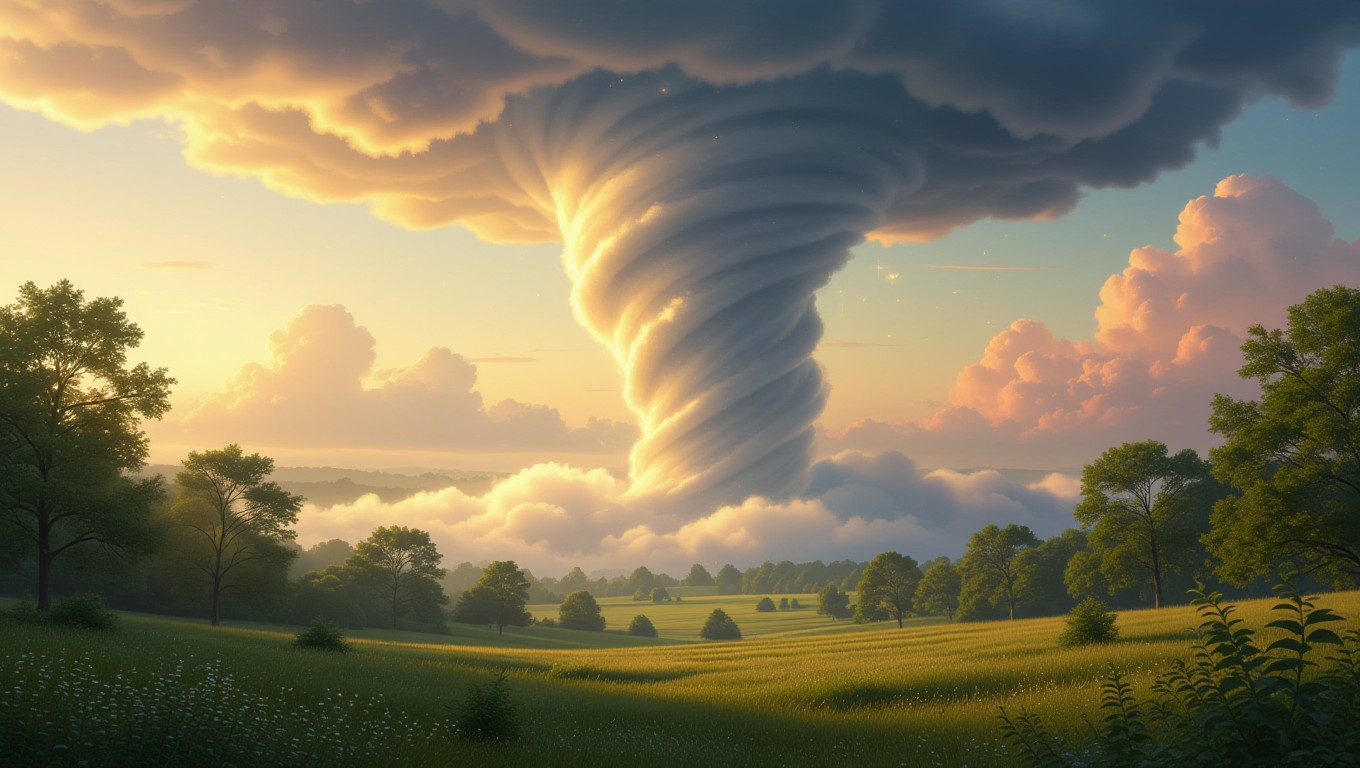 Ein eindrucksvoller Tornado, der sich majestätisch in den Himmel erhebt, umgeben von sanften Wolken.