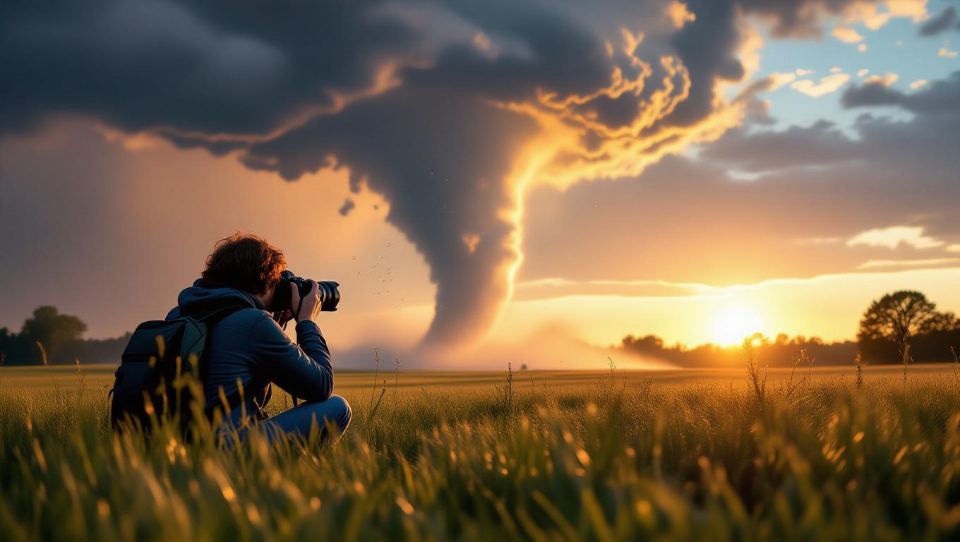 Ein Fotograf fängt einen Tornado bei Sonnenuntergang in der Natur ein.