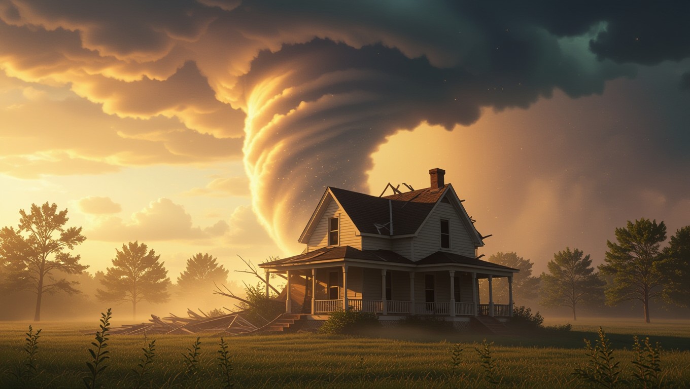 Ein Tornado nähert sich einem verlassenen Haus in einer stürmischen Landschaft.