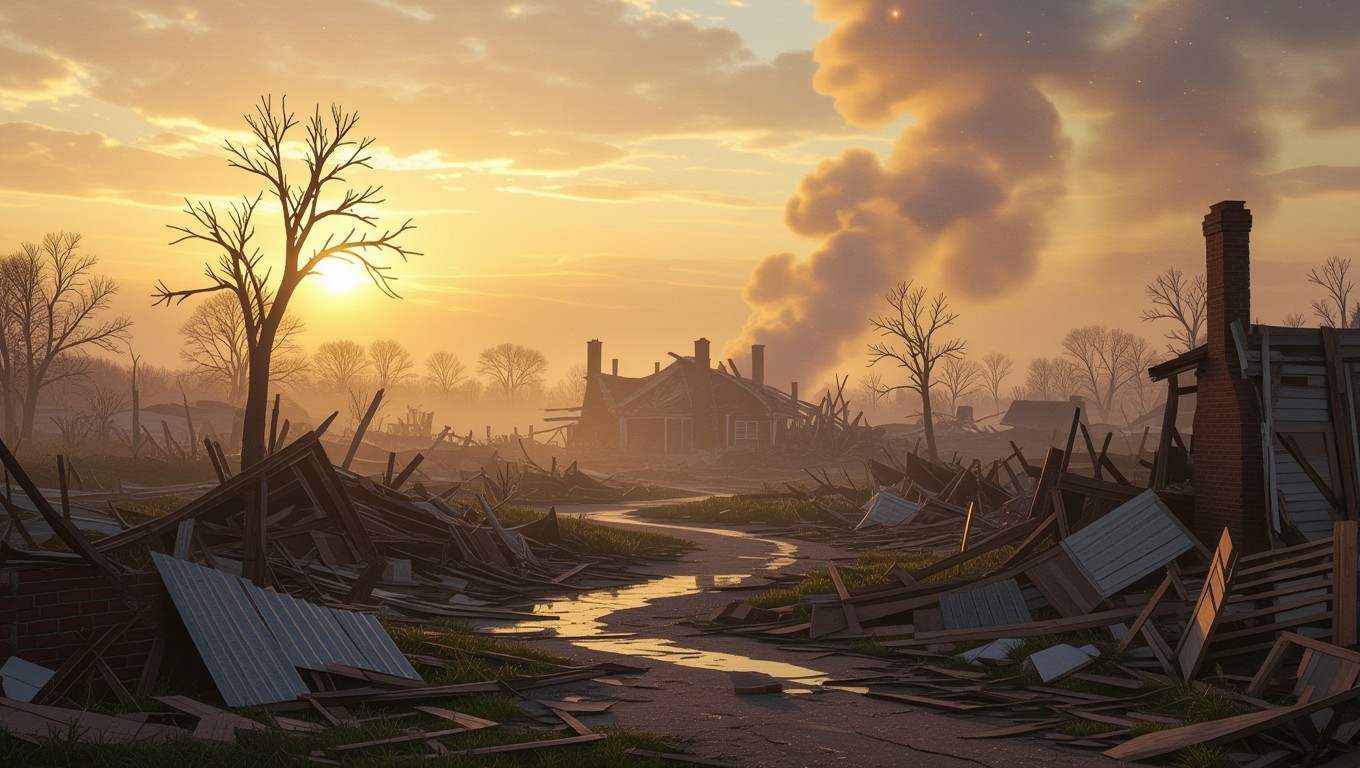 Eine zerstörte Landschaft nach einem Tornado, mit rauchenden Trümmern und einem Sonnenaufgang im Hintergrund.