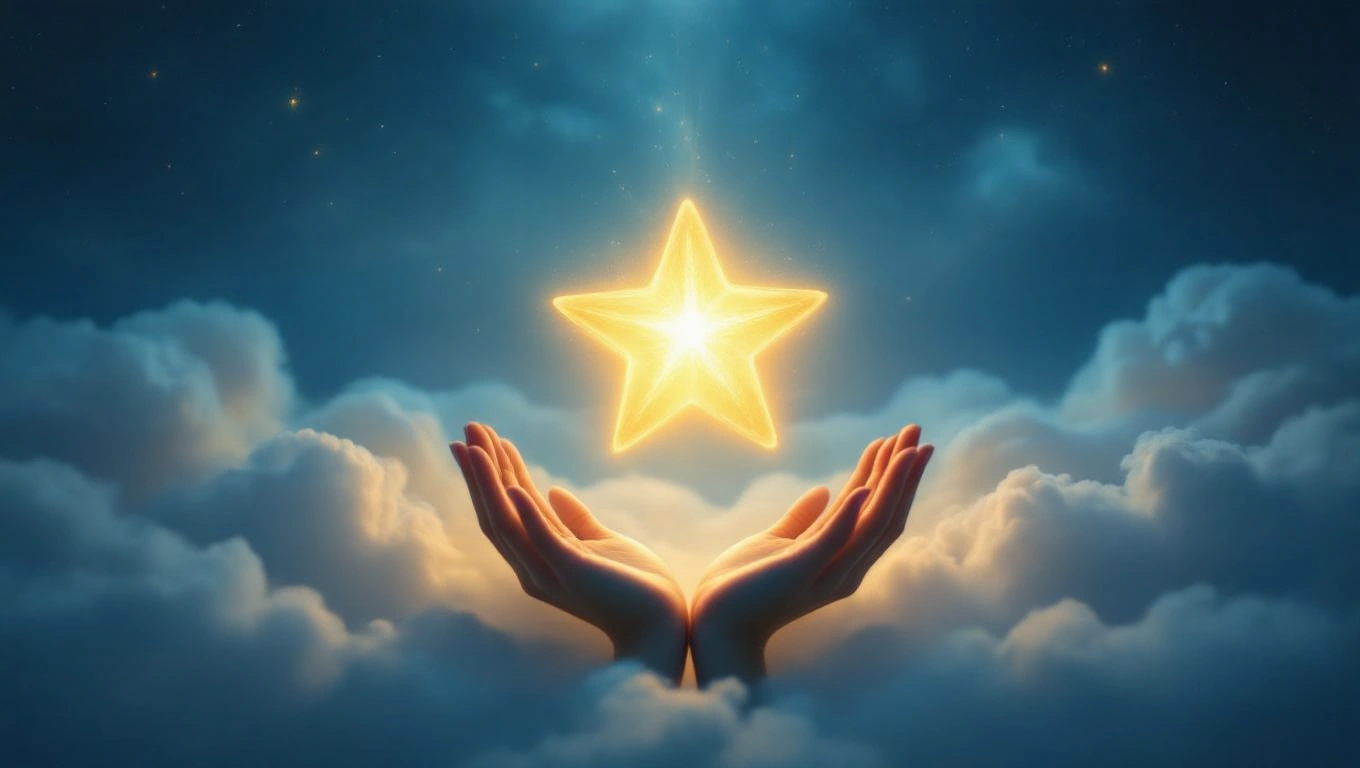 Hände halten einen leuchtenden Stern über einer Wolkenlandschaft.