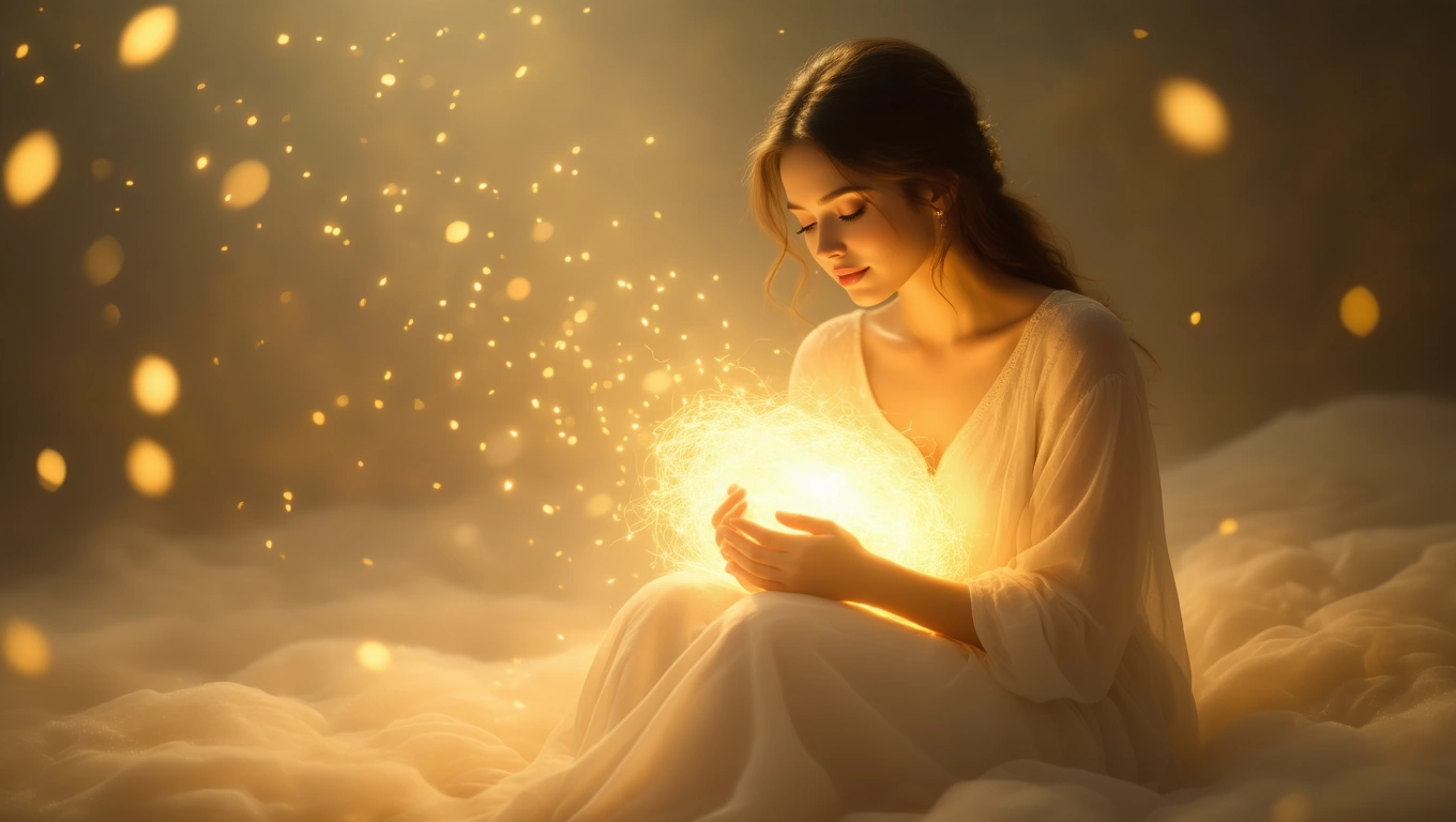 Eine nachdenkliche Frau hält ein leuchtendes Licht in ihren Händen.