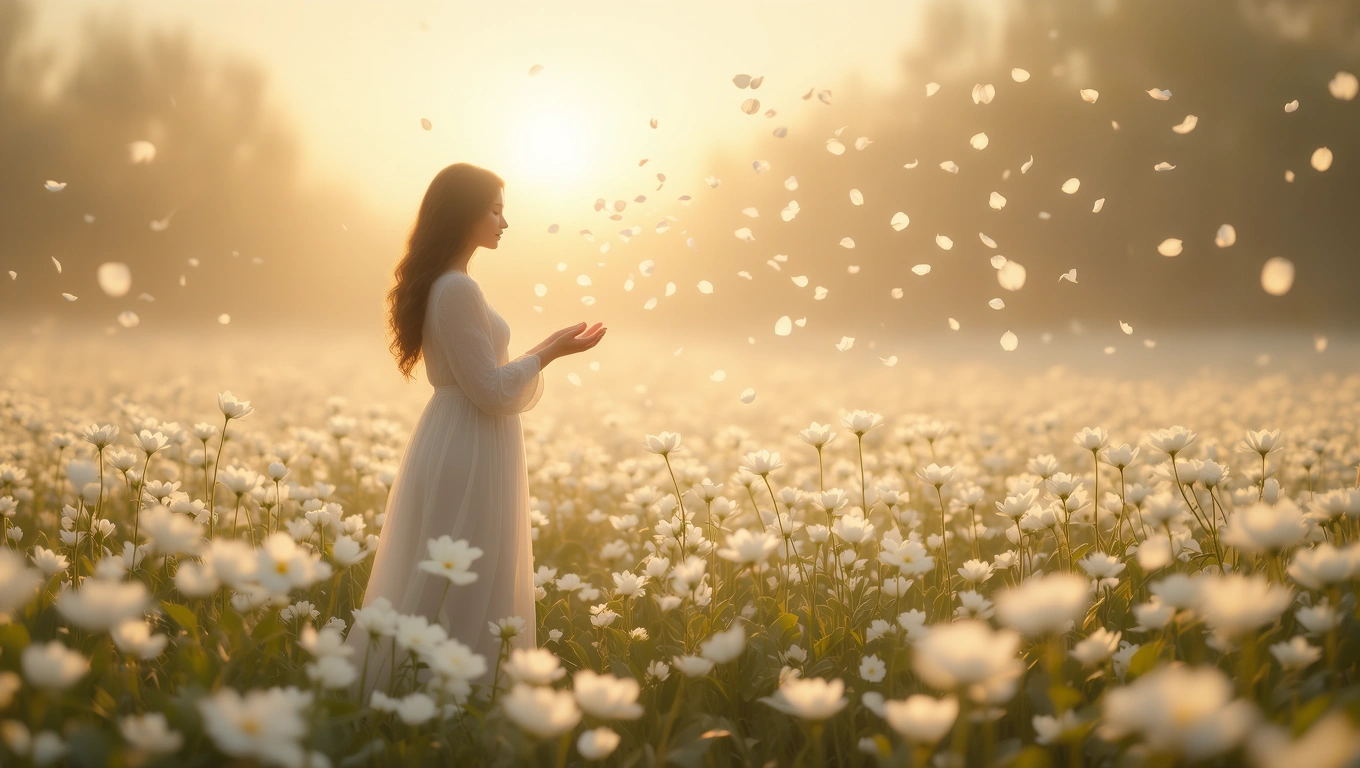 Eine Frau in einem weißen Kleid steht in einem blühenden Feld und lässt Blütenblätter in der Luft schweben.