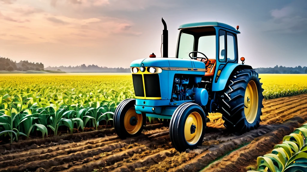 Ein blauer Traktor auf einem Feld mit grünen Pflanzen im Hintergrund.