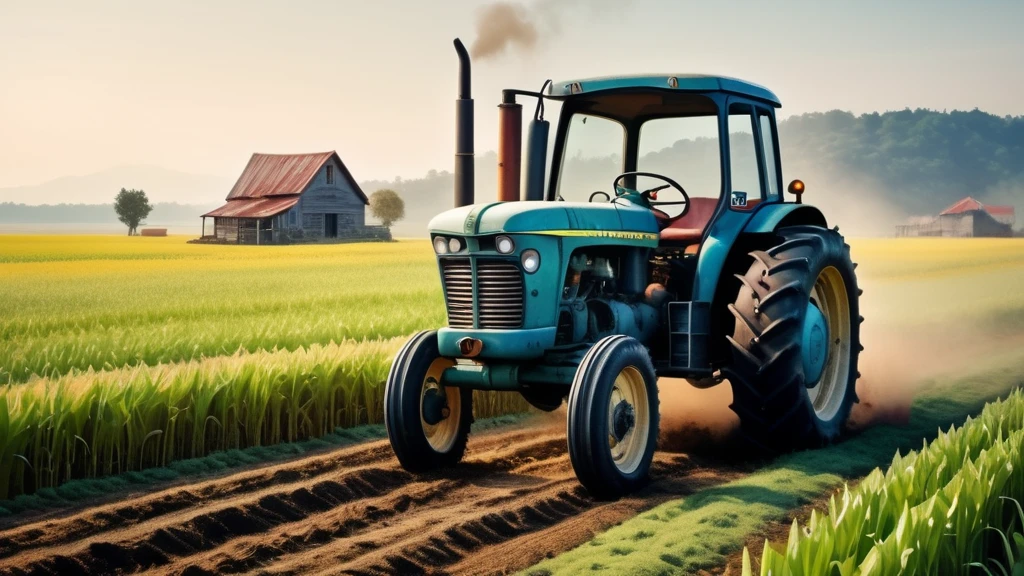 Ein blauer Traktor fährt durch ein Feld mit reifem Getreide.