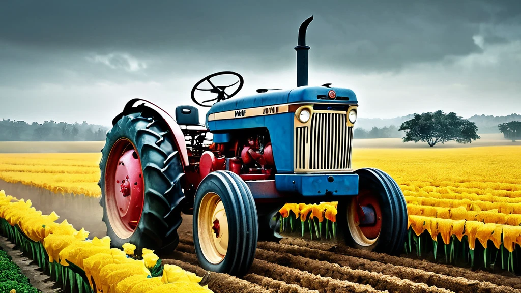 Ein blauer Traktor fährt durch ein Feld mit gelben Blumen.