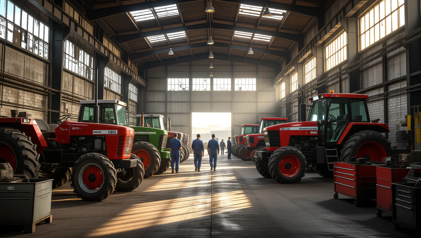 Eine Gruppe von Traktoren in einer hellen Werkstatt mit Arbeitern.