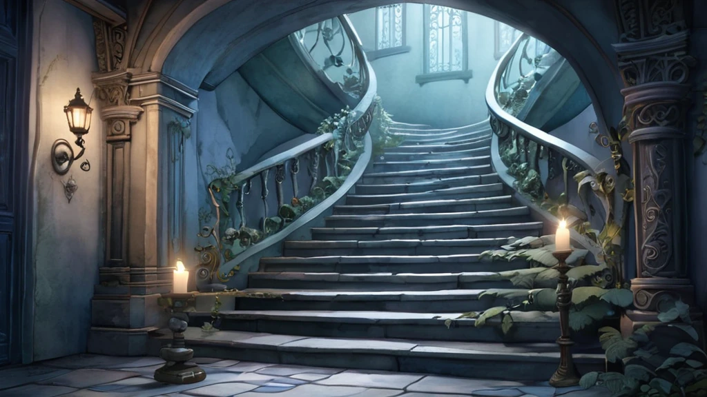 Eine elegante Treppe mit Pflanzen und Kerzen in einem mystischen Raum.