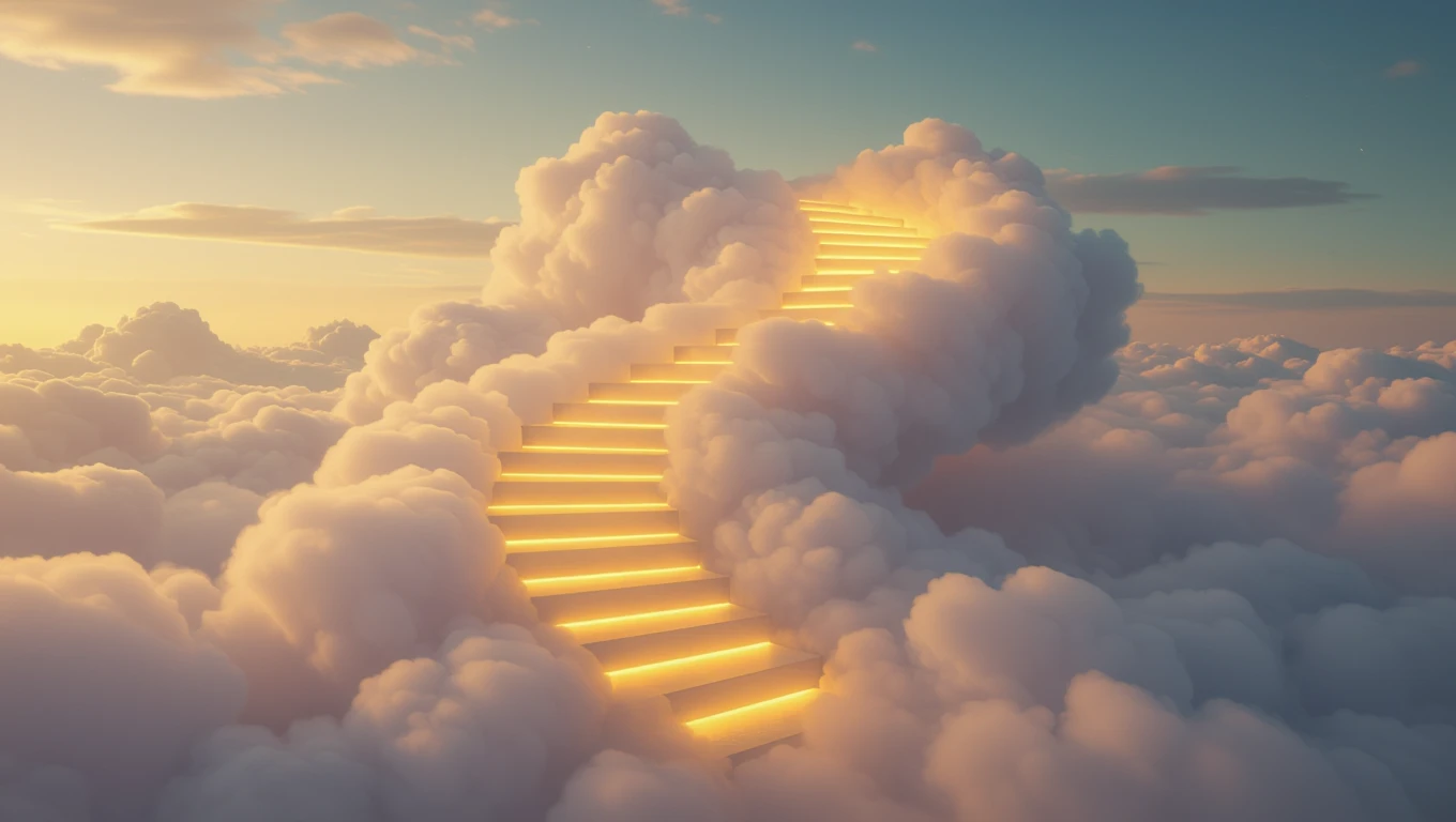 Eine leuchtende Treppe, die durch Wolken in den Himmel führt, symbolisiert Lebenswege.