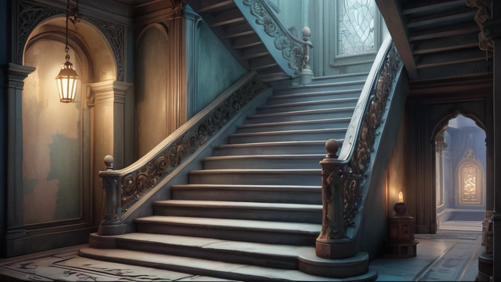 Eine elegante Treppe mit kunstvollen Verzierungen und sanfter Beleuchtung.