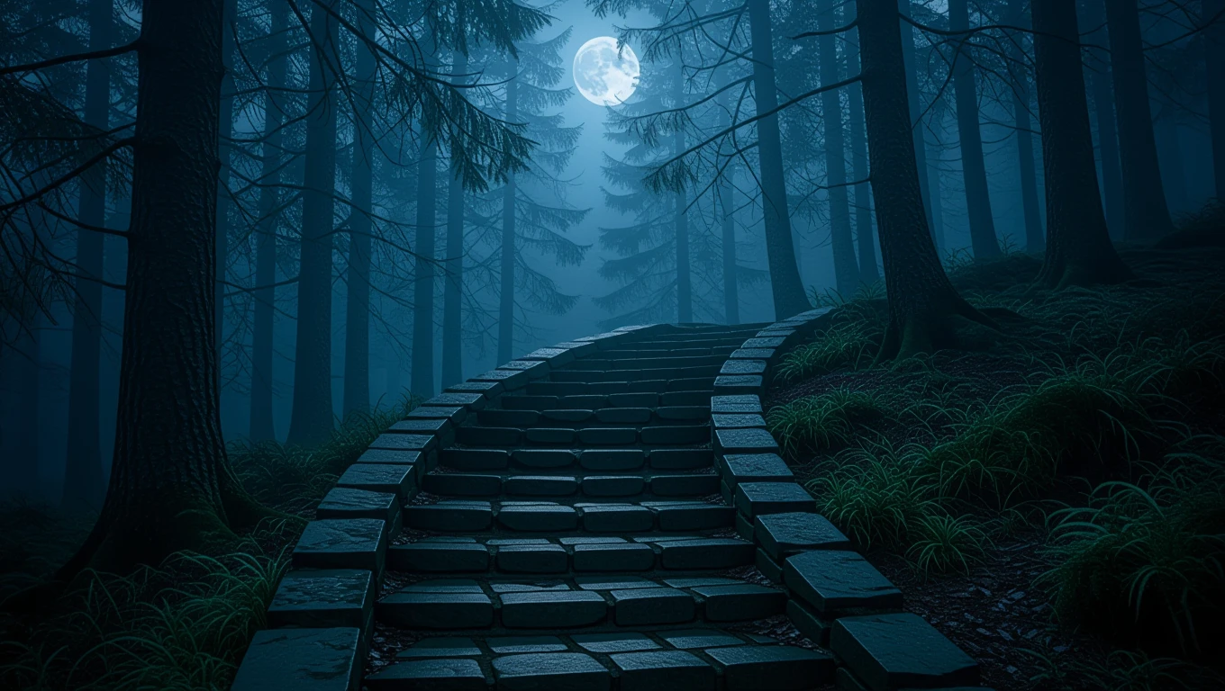 Eine steinerne Treppe führt durch einen mystischen Wald bei Nacht.