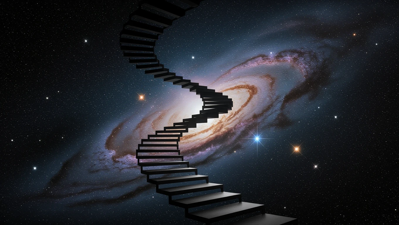 Eine schwebende Treppe im Weltraum, die zu einem leuchtenden Nebel führt.