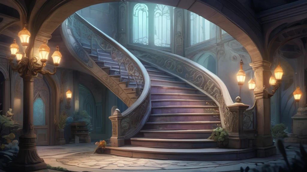 Eine elegante Treppe in einem lichtdurchfluteten Raum mit kunstvollen Details.