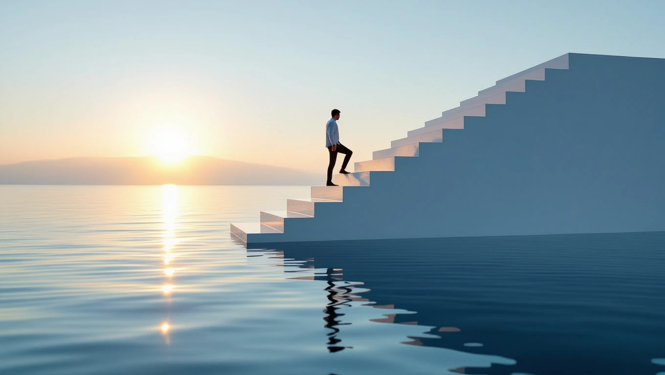 Ein Mann geht eine Treppe hinauf, die ins Wasser führt, während die Sonne aufgeht.