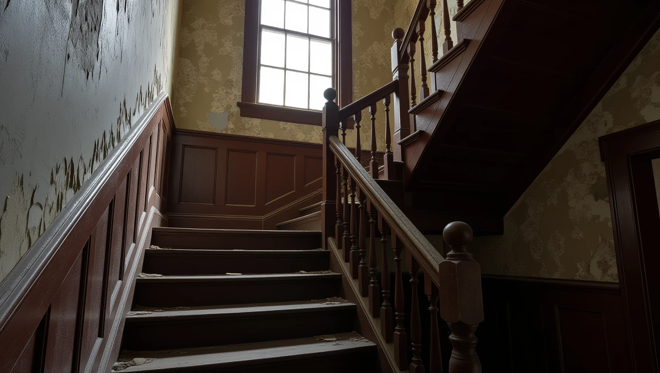 Eine alte Treppe mit Holzgeländer und verblasster Wandfarbe.