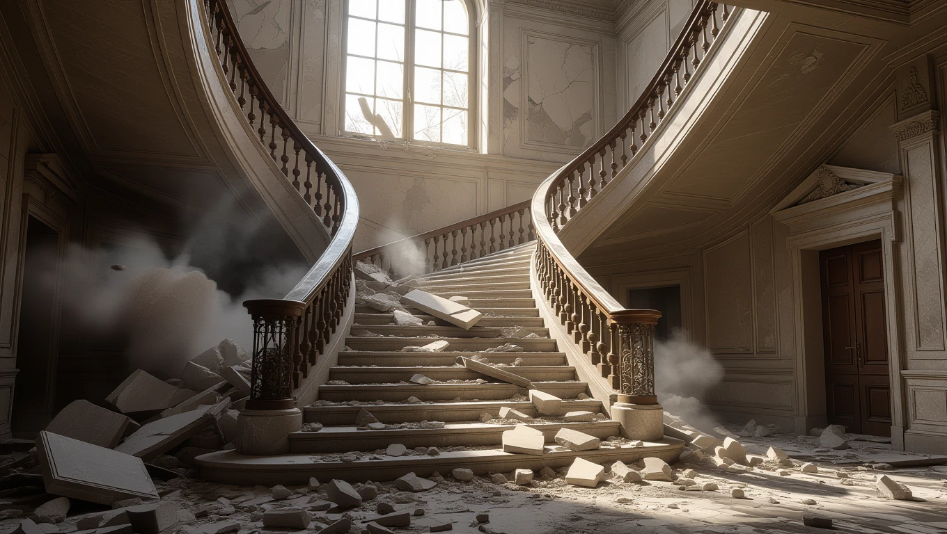 Eine zerstörte Treppe mit Trümmern und Staub in einem eleganten Raum.