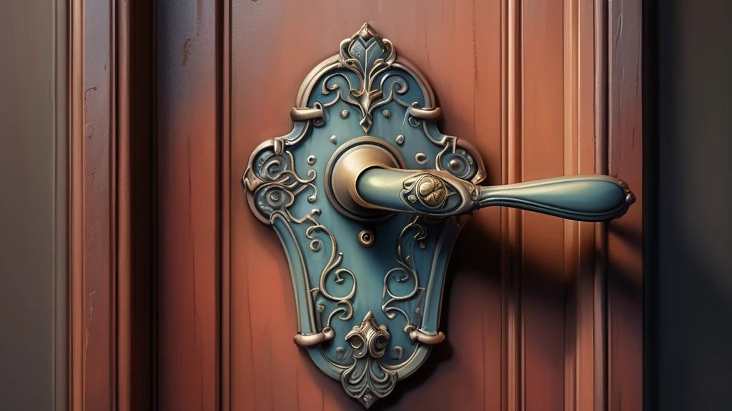 Eine kunstvoll gestaltete Türklinke an einer Holztür, die neue Möglichkeiten symbolisiert.