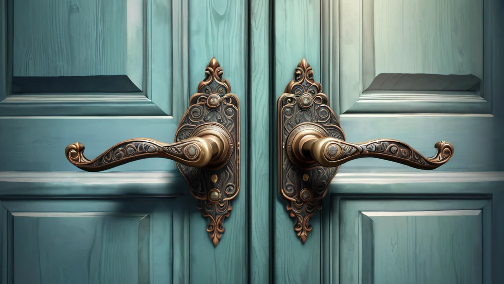 Detailaufnahme einer eleganten Türklinke an einer blauen Tür.