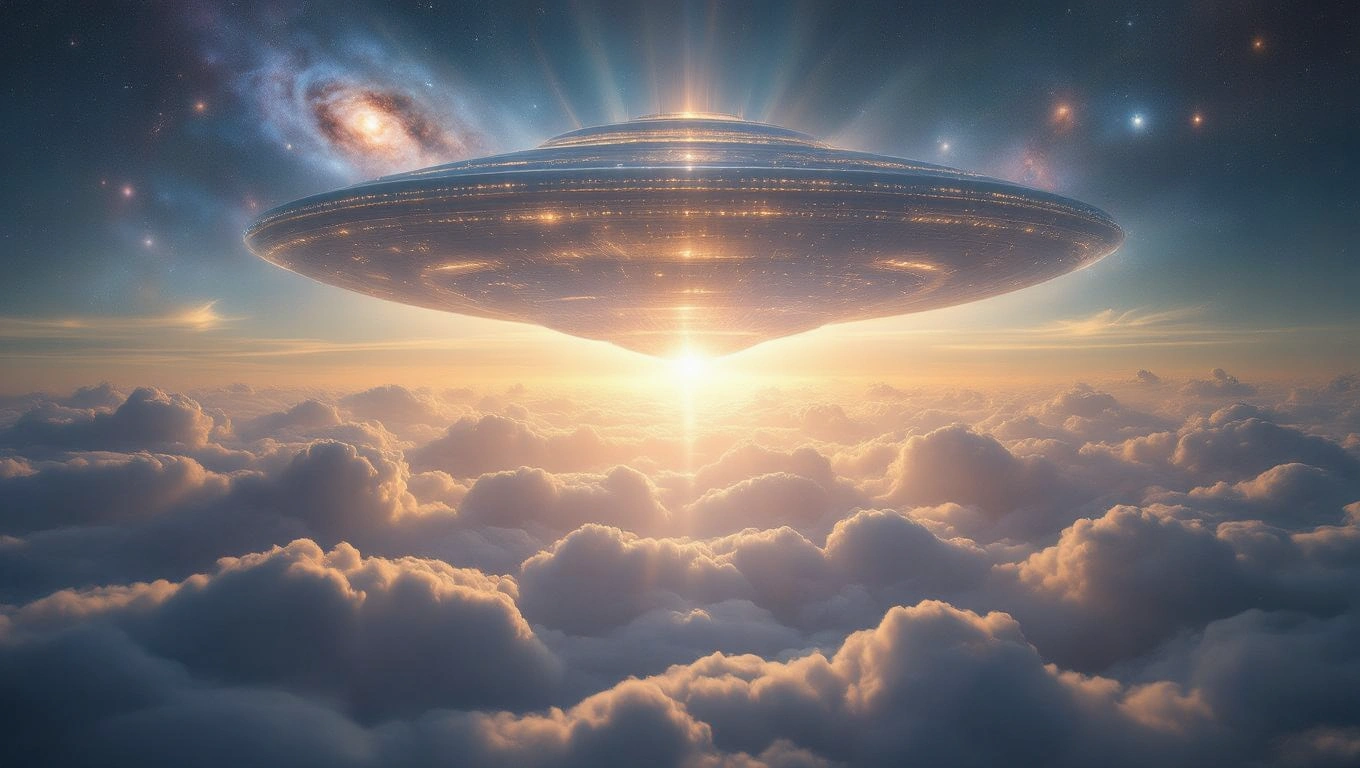 Ein UFO schwebt majestätisch über einer Wolkendecke im Weltraum.