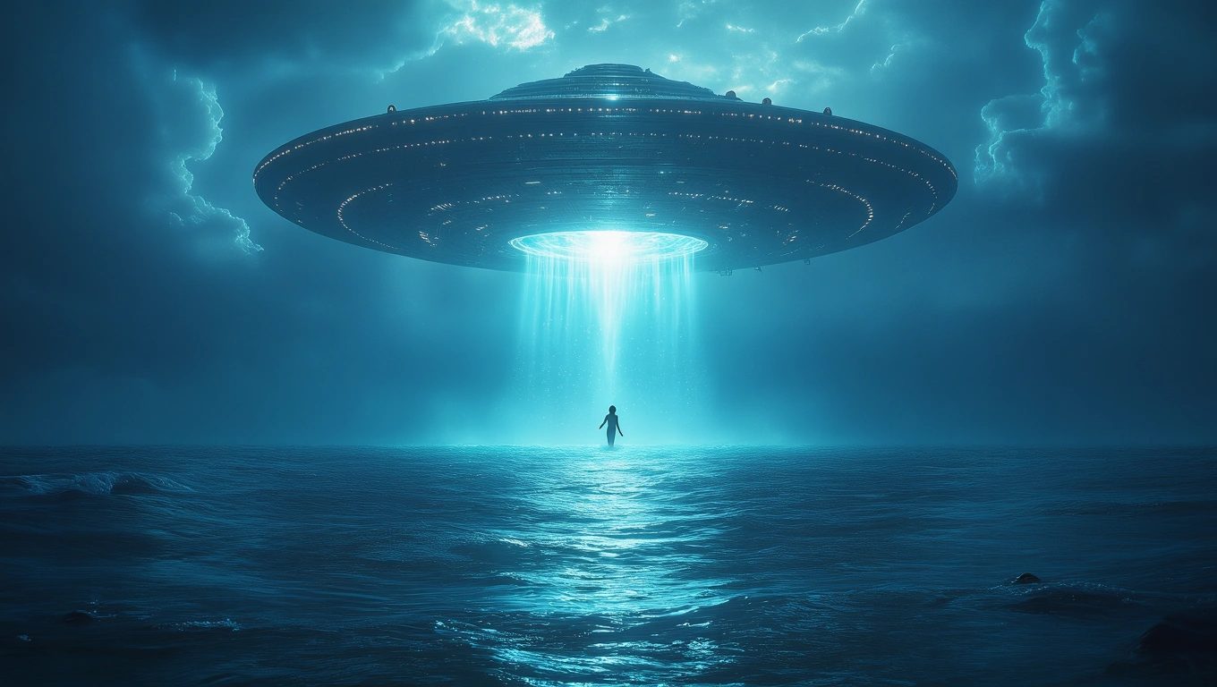 Ein UFO schwebt über dem Wasser und strahlt ein mystisches Licht aus.