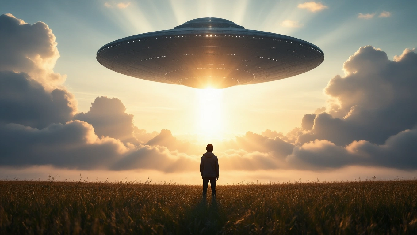 Ein Mensch steht auf einem Feld und blickt auf ein UFO, das in der Dämmerung schwebt.