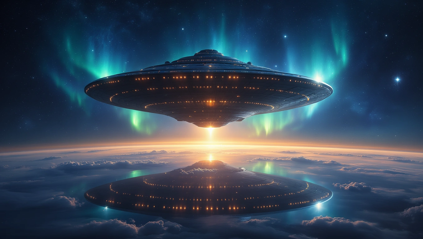 Ein UFO schwebt über einer Wolkendecke, umgeben von bunten Nordlichtern.