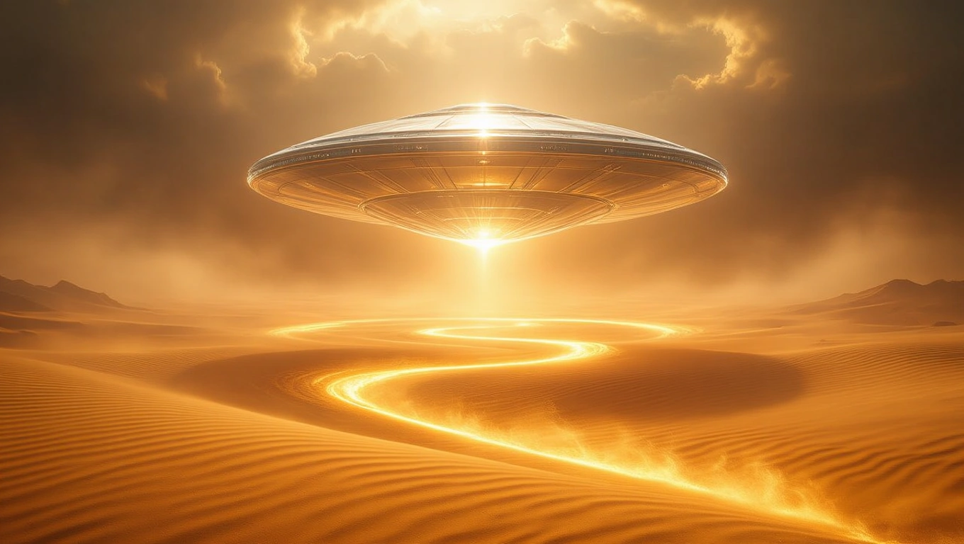 Ein UFO schwebt über einer goldenen Wüstenlandschaft bei Sonnenuntergang.