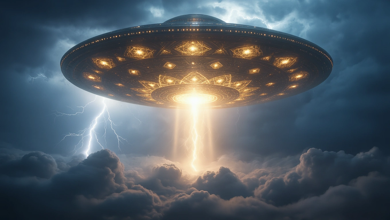 Ein UFO schwebt über dunklen Wolken, umgeben von Blitzen und geheimnisvollem Licht.