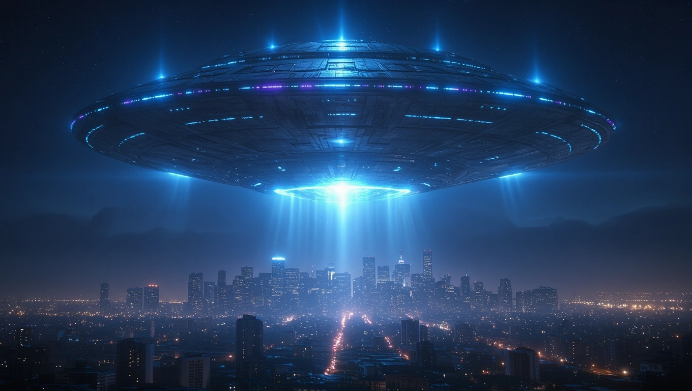 Ein UFO schwebt über einer beleuchteten Stadt bei Nacht, strahlt Licht aus.