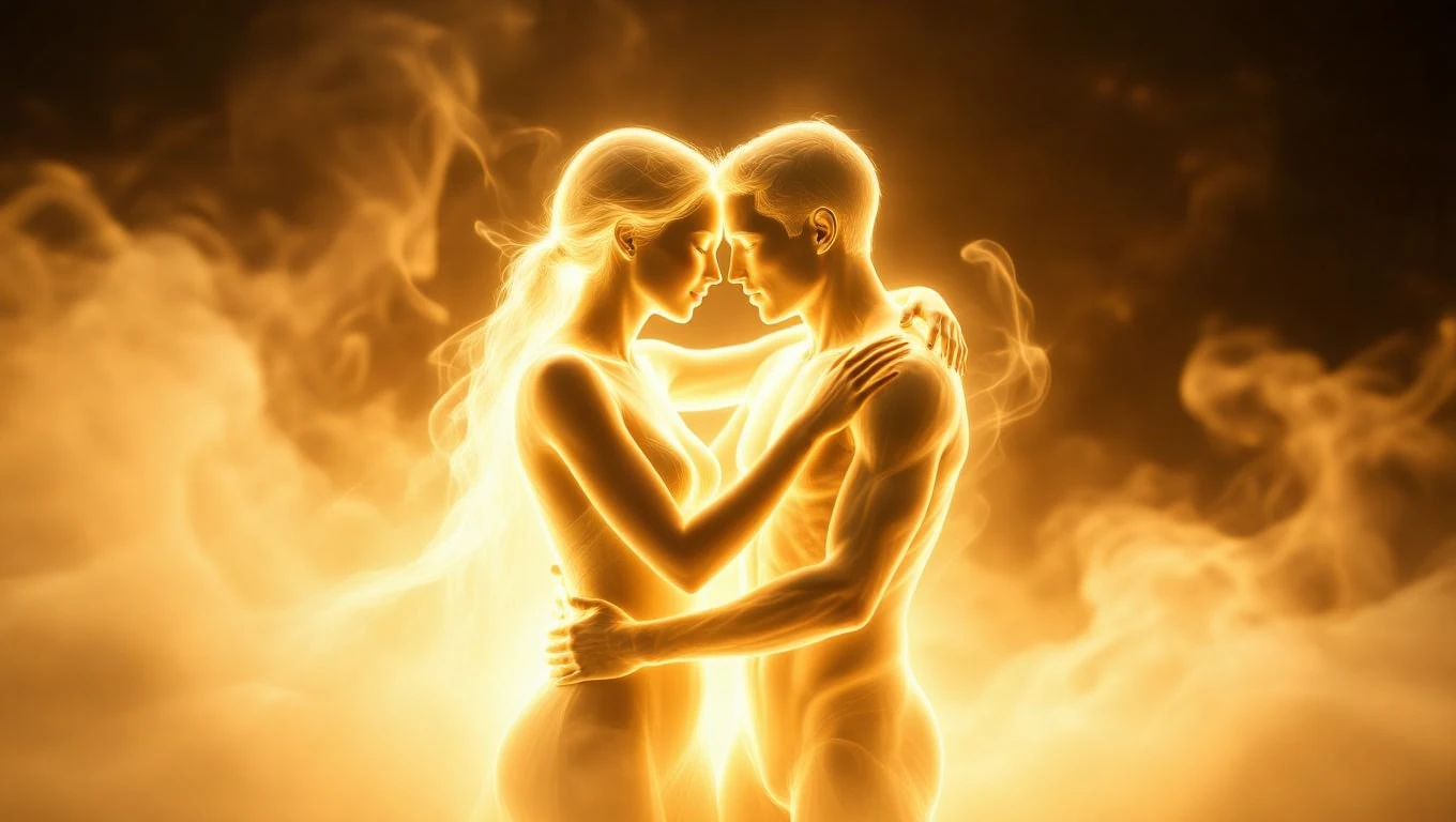 Ein Paar umarmt sich in einem warmen, leuchtenden Licht, das Geborgenheit symbolisiert.