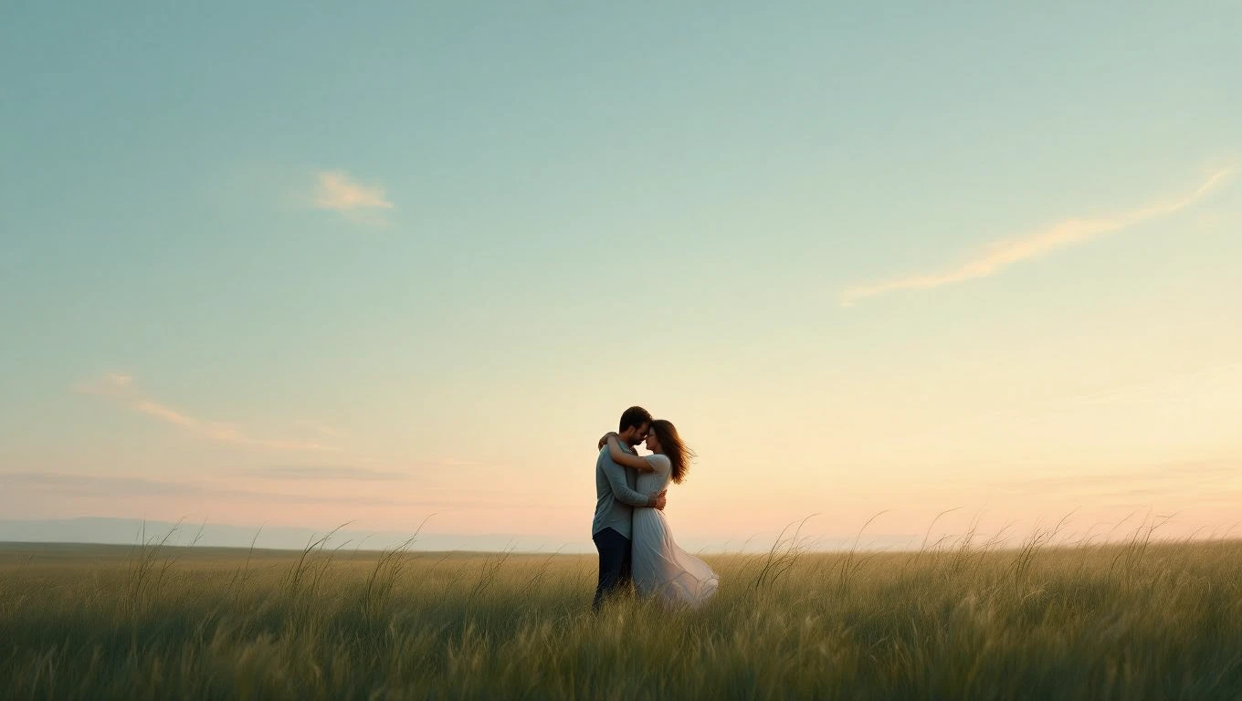 Ein Paar umarmt sich in einem weiten Feld bei Sonnenuntergang.