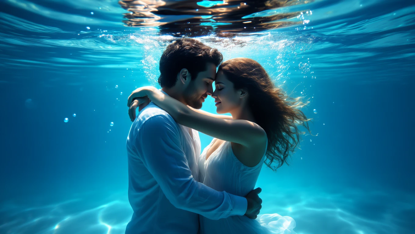 Ein Paar umarmt sich unter Wasser, umgeben von blauen Wellen.