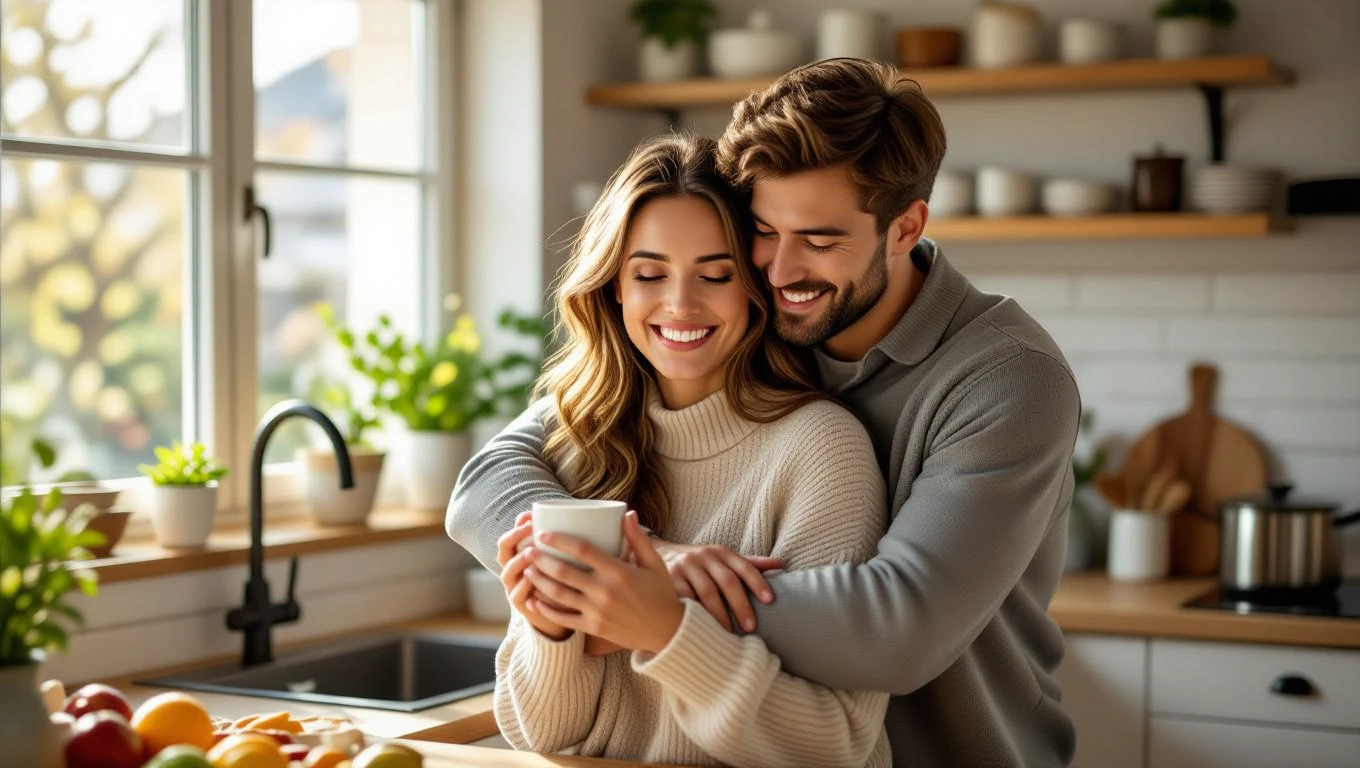 Ein Paar umarmt sich liebevoll in einer gemütlichen Küche.