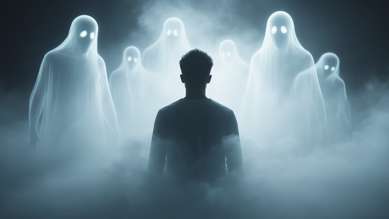 Eine Person steht inmitten von geisterhaften Wesen in einem nebligen Raum.