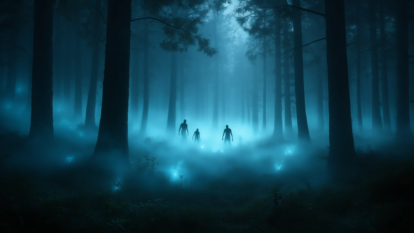 Dunkler Wald mit schemenhaften Figuren und leuchtenden Punkten im Nebel.