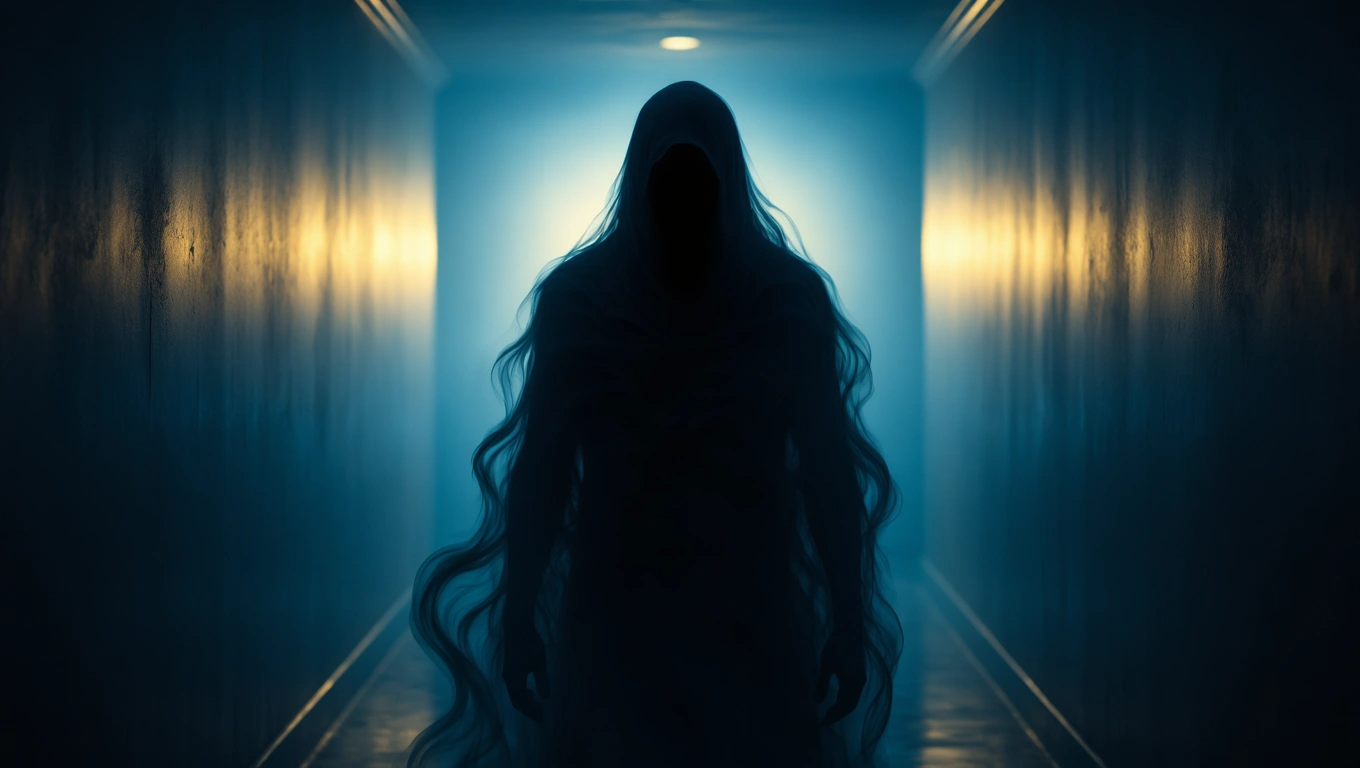 Eine schattenhafte Gestalt mit langen Haaren steht in einem dunklen Flur.