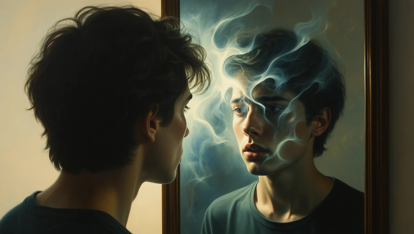 Ein junger Mann betrachtet sein Spiegelbild, umgeben von mystischen Nebelschwaden.