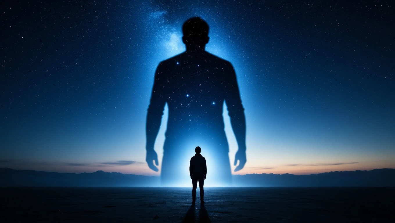 Ein Mensch steht in der Dunkelheit, während eine riesige, leuchtende Silhouette über ihm schwebt.