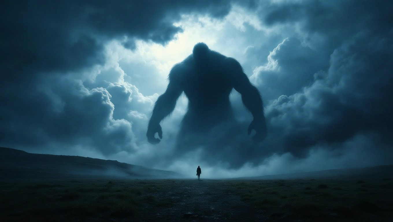 Eine dunkle, bedrohliche Gestalt erhebt sich aus den Wolken, während eine Person im Vordergrund steht.