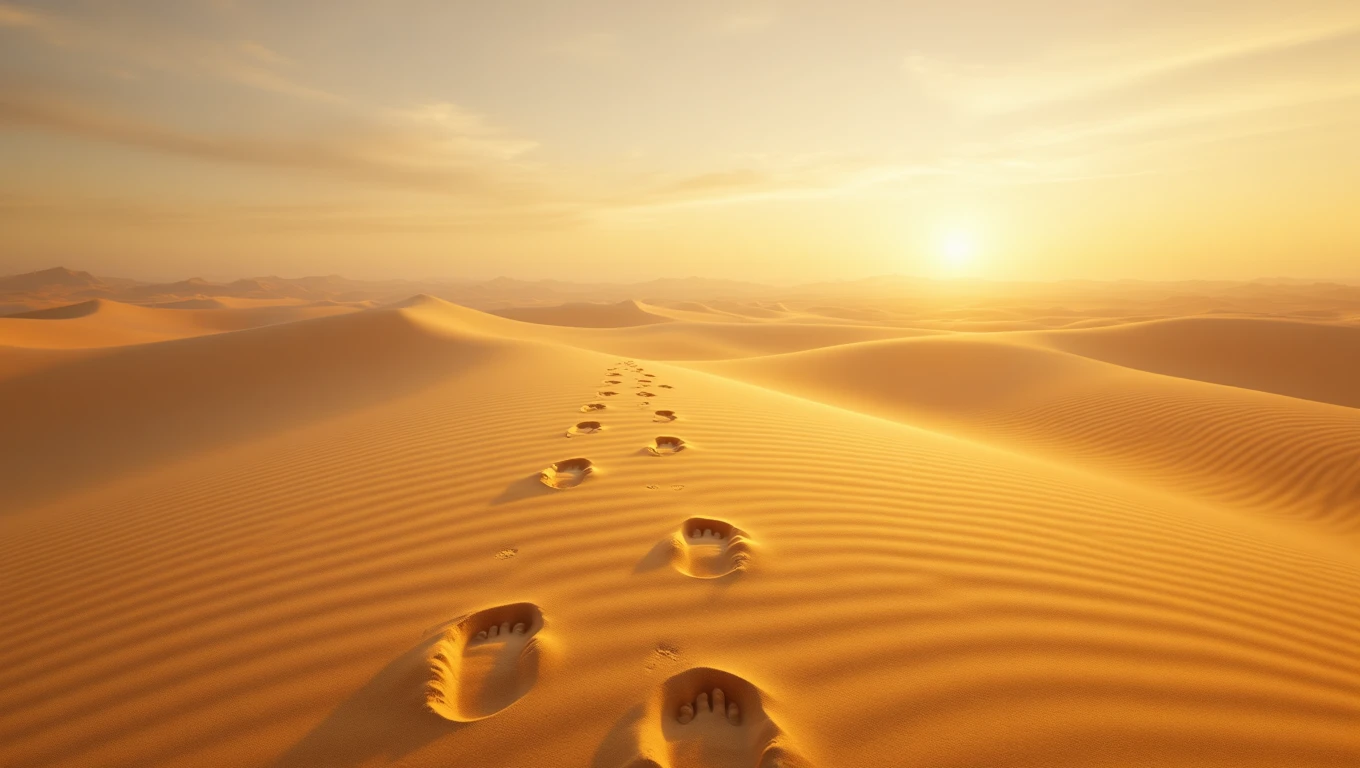 Fußabdrücke im Sand einer weiten Wüste bei Sonnenuntergang.