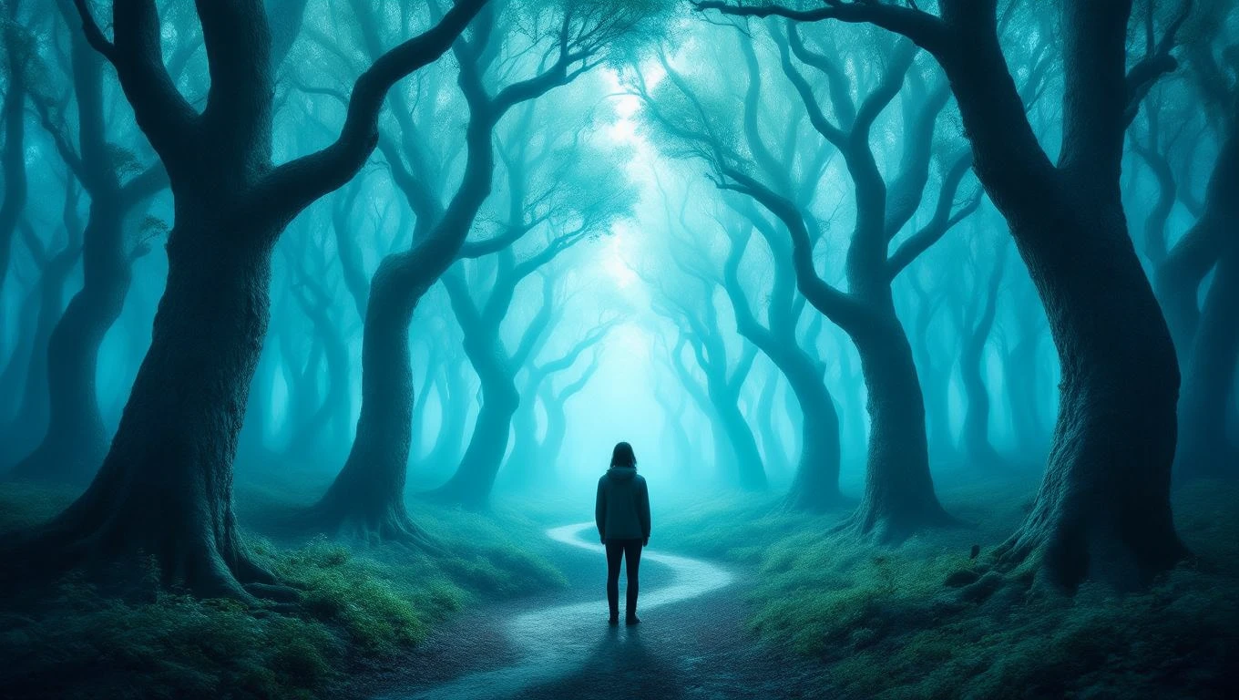 Eine Person steht in einem nebligen Wald und blickt auf einen gewundenen Weg.