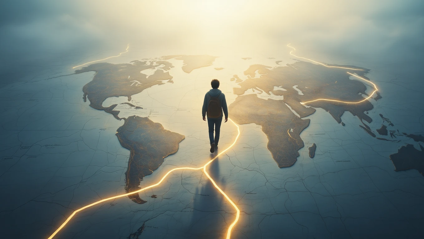 Eine Person steht auf einer leuchtenden Weltkarte und blickt nach vorne.
