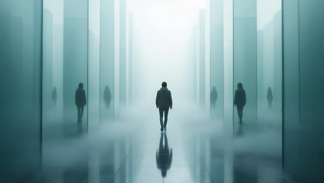 Eine Person geht durch einen nebligen Raum mit reflektierenden Wänden.