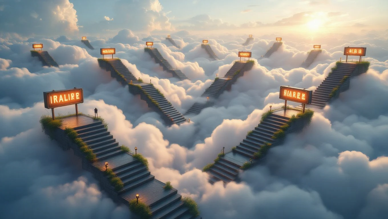 Eine surrealistische Landschaft mit Treppen, die in den Wolken verlaufen und mit leuchtenden Schildern versehen sind.
