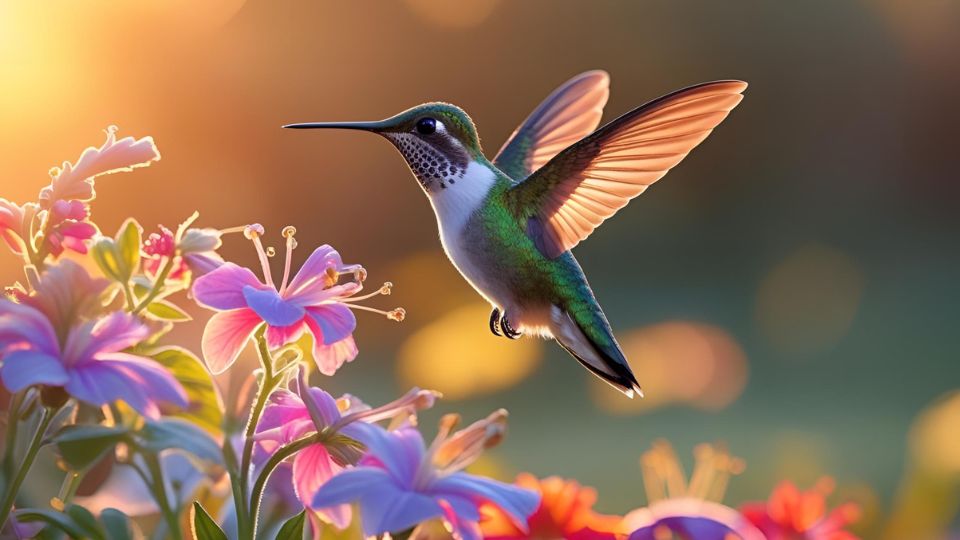 Ein Kolibri schwebt über bunten Blumen im warmen Licht der Dämmerung.