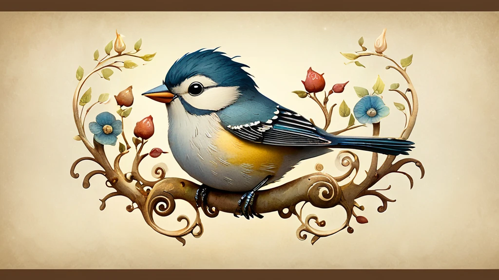 Ein bunter Vogel sitzt auf einem kunstvoll verzierten Ast mit Blumen.