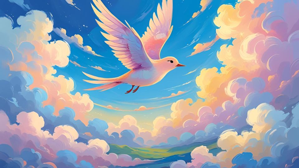 Ein weißer Vogel fliegt durch einen bunten Himmel mit Wolken.