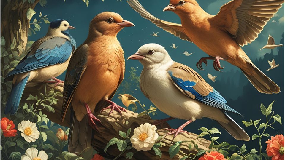 Vier bunte Vögel sitzen auf einem Ast, umgeben von Blumen und einer mystischen Landschaft.