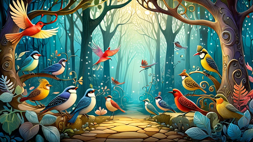 Bunte Vögel sitzen auf Ästen in einem mystischen Wald mit sanftem Licht.
