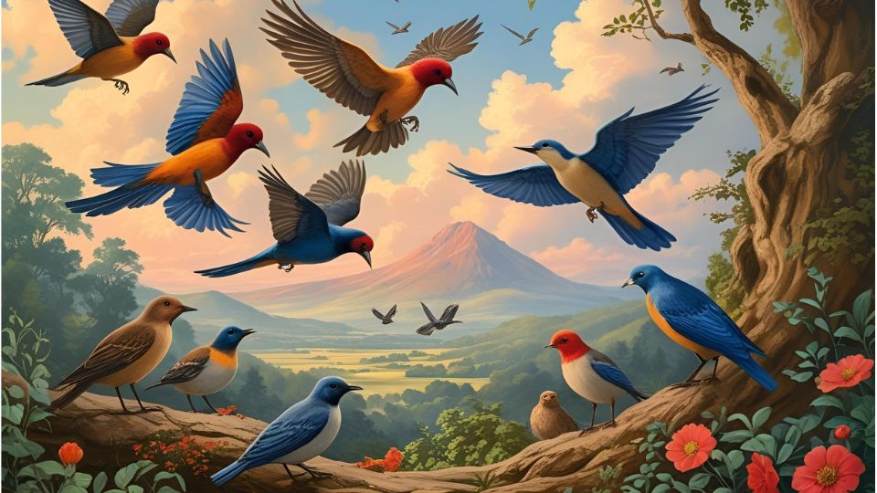 Bunte Vögel fliegen über eine malerische Landschaft mit Bergen und Blumen.